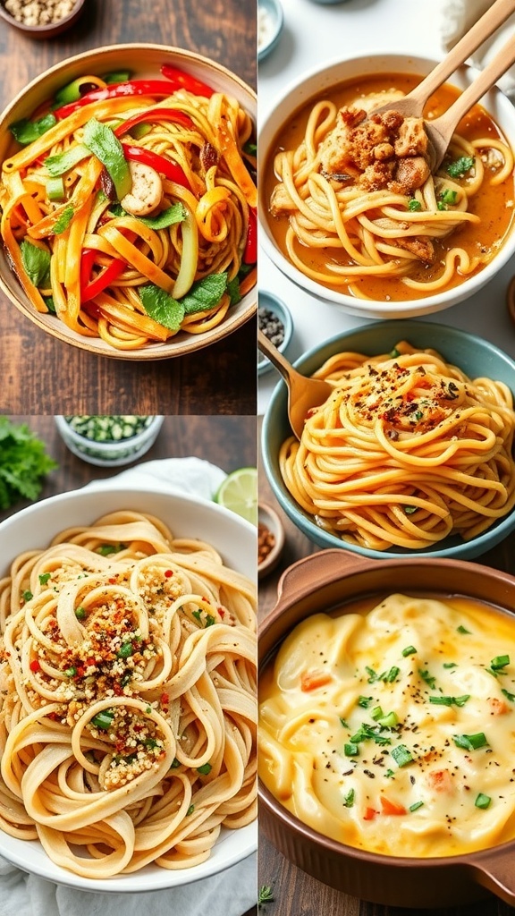 A collage of four noodle dishes: stir-fried noodles, chicken noodle soup, cold noodle salad, and creamy noodle bake.